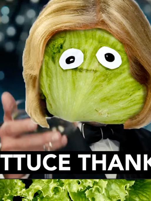 Screenshot eines YouTube-Livestreams des Daily Star, der einen Salatkopf mit blonder Perücke zeigt. Darunter der Schriftzug: "Lettuce Thank You!"