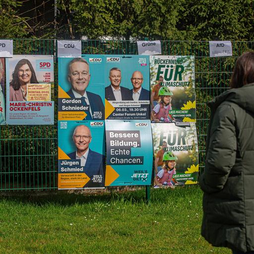 Eine Frau schaut auf Wahlplakate zur Landtagswahl in Rheinland-Pfalz, die an einem Zaun angebracht sind