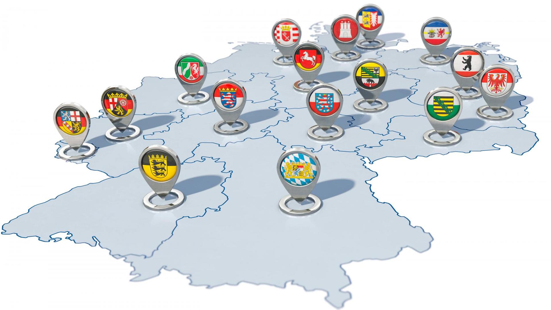 Grafik zeigt Karte und Flaggen aller 16 deutschen Bundesländer. Grafik zeigt Karte und Flaggen aller 16 deutschen Bundesländer.