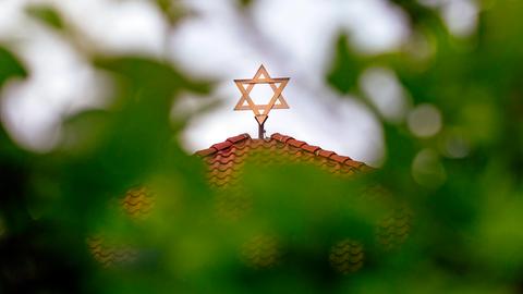 Davidstern am Eingang des Jüdischen Friedhofs in Bocklemünd, fotografiert durch das grüne Blattwerk eines Baumes.