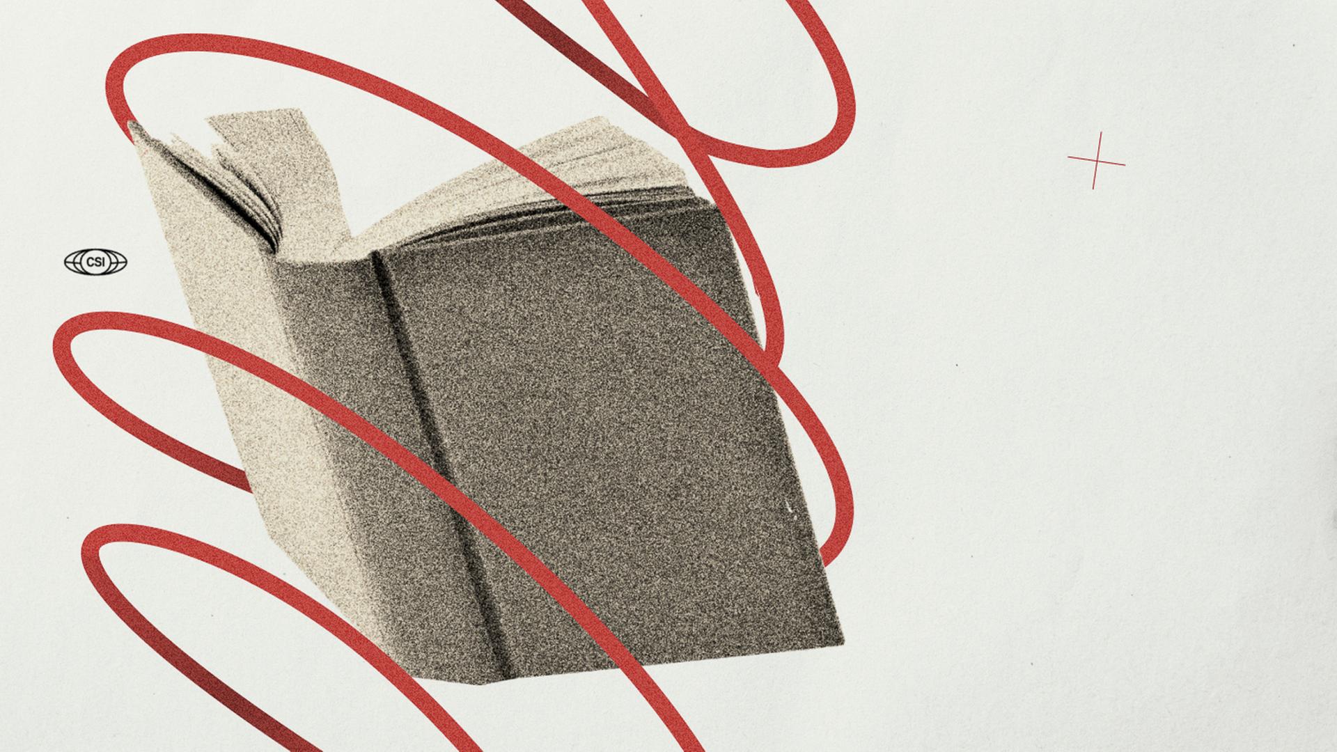 Illustration zum Recherche-Projekt China Science Investigation. Zu sehen ist ein Buch umringt von einem roten Band.