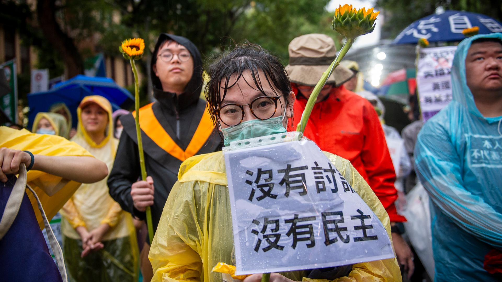 Demonstranten versammeln sich im Regen vor dem Yuan-Gebäude der Legislative in Taipeh, Taiwan, um gegen umstrittene Gesetzesentwürfe zu protestieren, sie halten Sonnenblumen in den Händen, 2024.