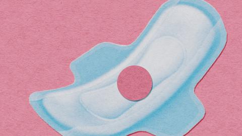 Illustration zeigt eine Binde mit einem roten Punkt auf rosa farbig strukturiertem Hintergrund.