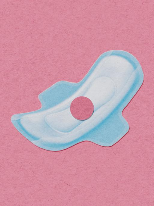 Illustration zeigt eine Binde mit einem roten Punkt auf rosa farbig strukturiertem Hintergrund.