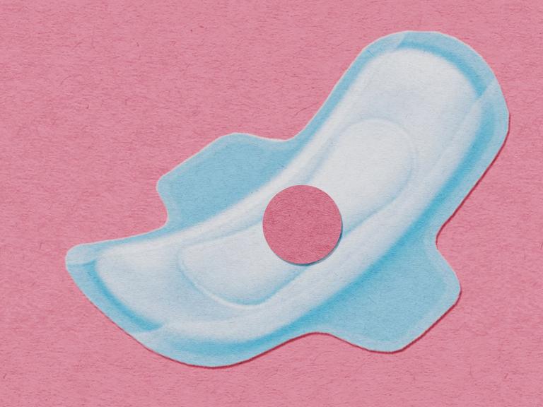 Illustration zeigt eine Binde mit einem roten Punkt auf rosa farbig strukturiertem Hintergrund.