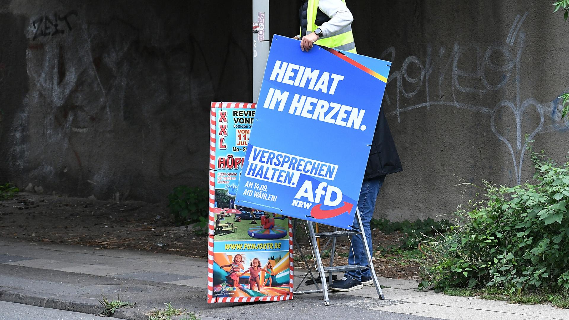 Ein Wahlhelfer steigt auf eine Leiter, um ein Wahlplakat der AfD aufzuhängen.