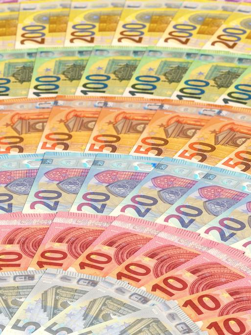 Euro-Banknoten im Halbkreis angeordnet wie ein Regenbogen