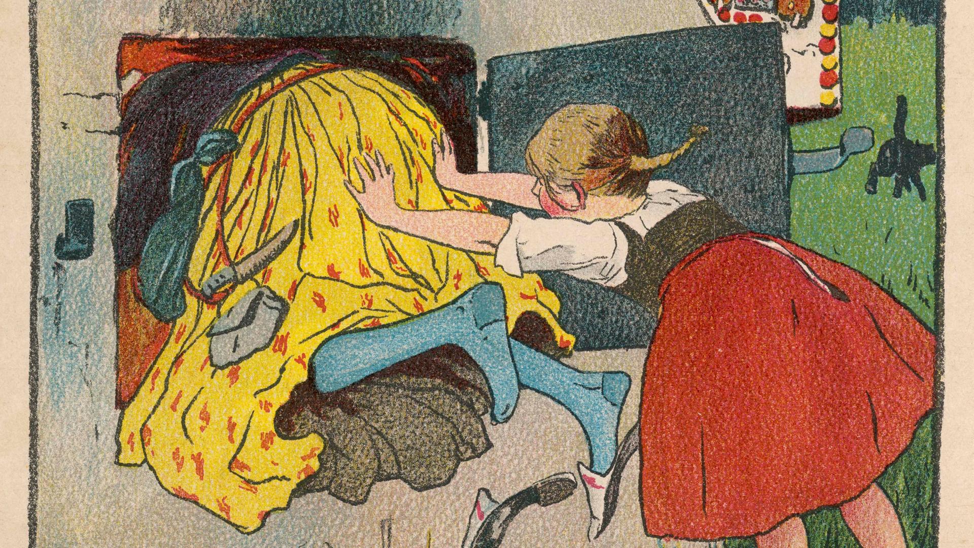 Gretel schubst die Hexe in den Ofen. (Illustration von Willy Planck in Deutsches Märchenbuch, 'Hänsel und Gretel')