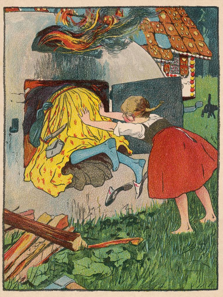 Gretel schubst die Hexe in den Ofen. (Illustration von Willy Planck in Deutsches Märchenbuch, 'Hänsel und Gretel')