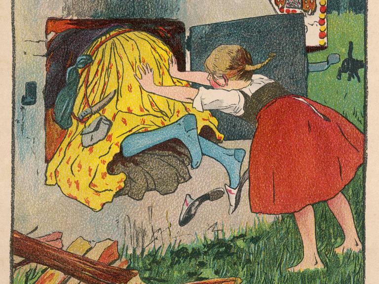 Gretel schubst die Hexe in den Ofen. (Illustration von Willy Planck in Deutsches Märchenbuch, 'Hänsel und Gretel')