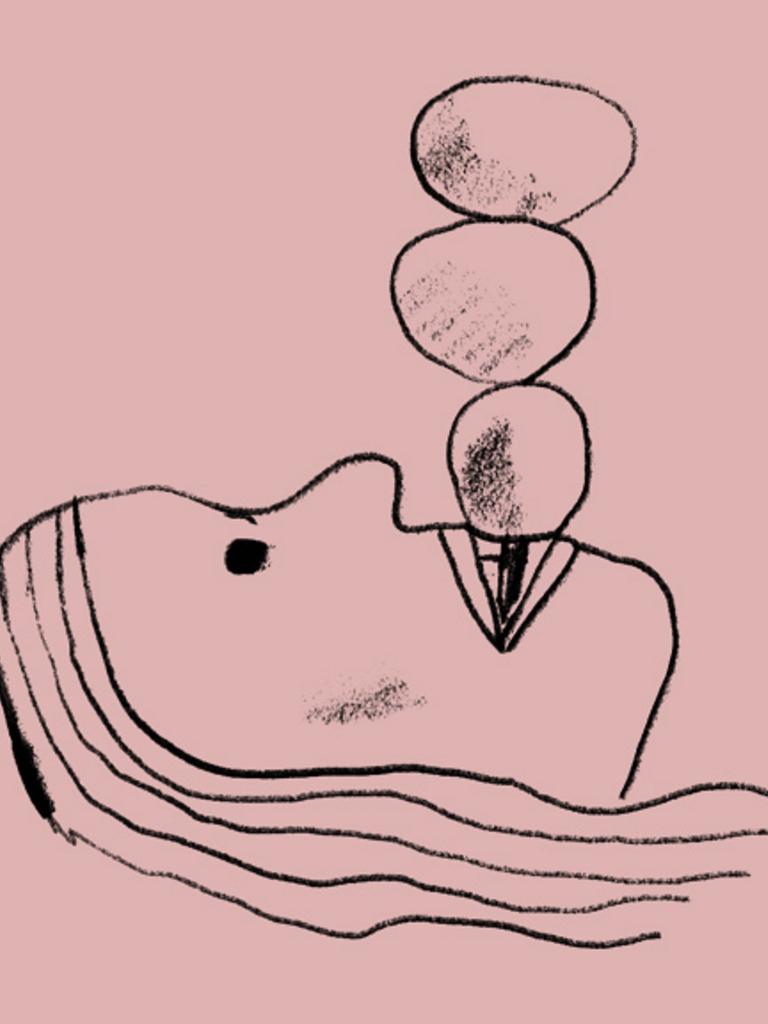 Liegender Kopf mit aus dem Mund aufsteigenden Blasen. Liegender Kopf mit aus dem Mund aufsteigenden Blasen.