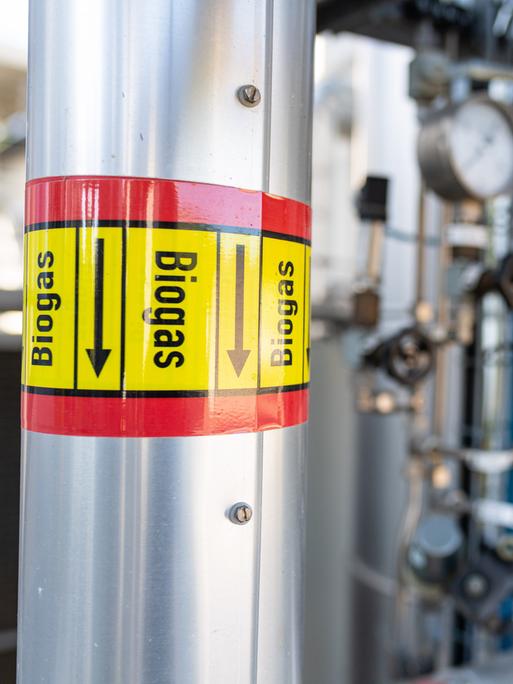 "Biogas" steht auf einem Aufkleber eines Gasrohres im Inneren einer Bioaufbereitungsanlage.