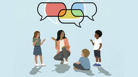 Illustration einer Frau, die mit drei Kindern spricht. Über ihnen schweben farbige Sprechblasen.