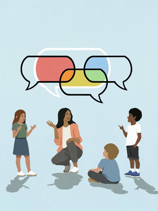 Illustration einer Frau, die mit drei Kindern spricht. Über ihnen schweben farbige Sprechblasen.