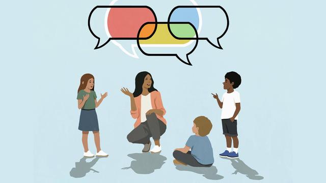 Illustration einer Frau, die mit drei Kindern spricht. Über ihnen schweben farbige Sprechblasen. Illustration einer Frau, die mit drei Kindern spricht. Über ihnen schweben farbige Sprechblasen.