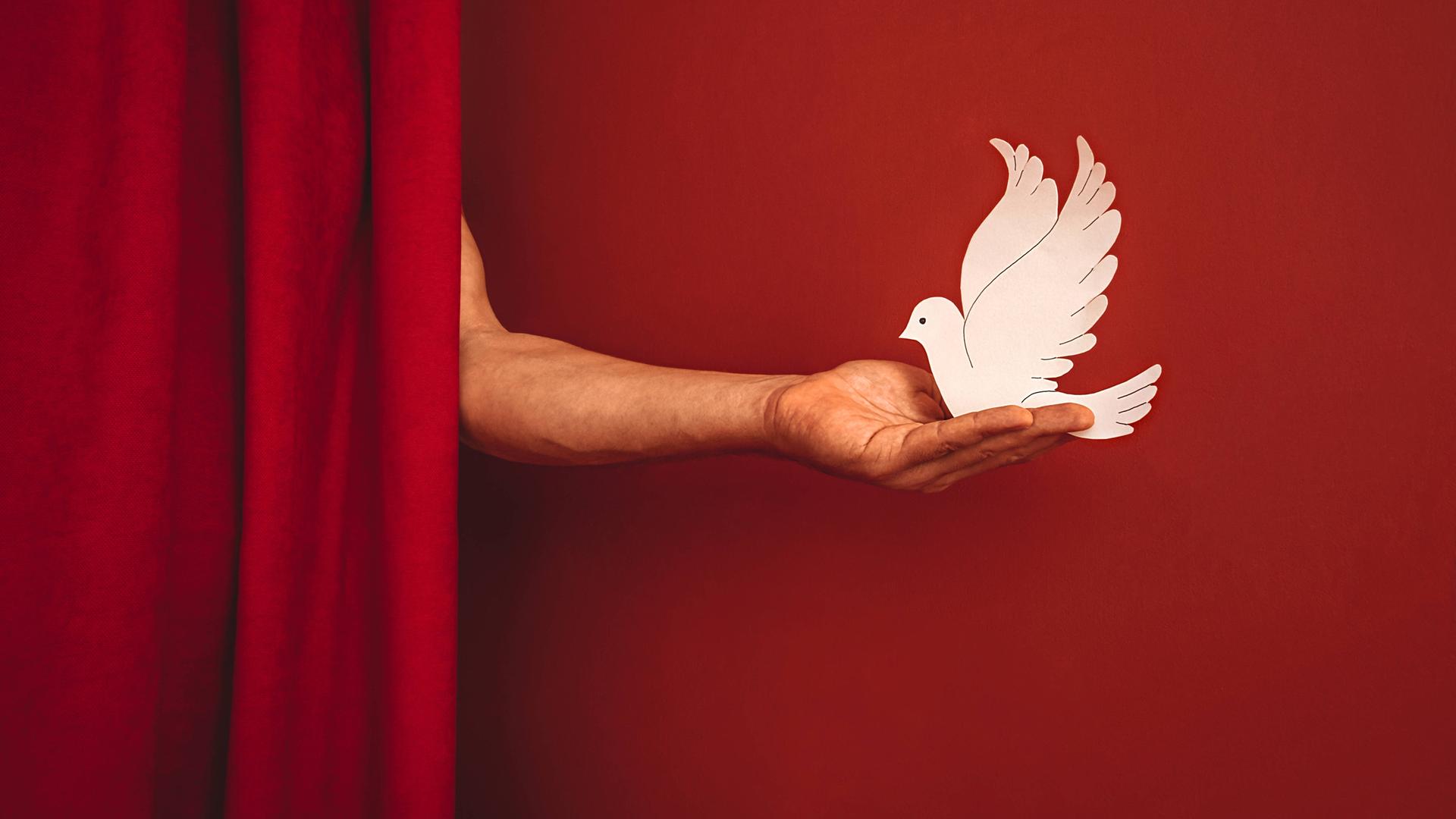 Eine Hand hält eine weiße Friedenstaube aus Papier hinter einem roten Vorhang (Symbolbild) Eine Hand hält eine weiße Friedenstaube aus Papier hinter einem roten Vorhang (Symbolbild)