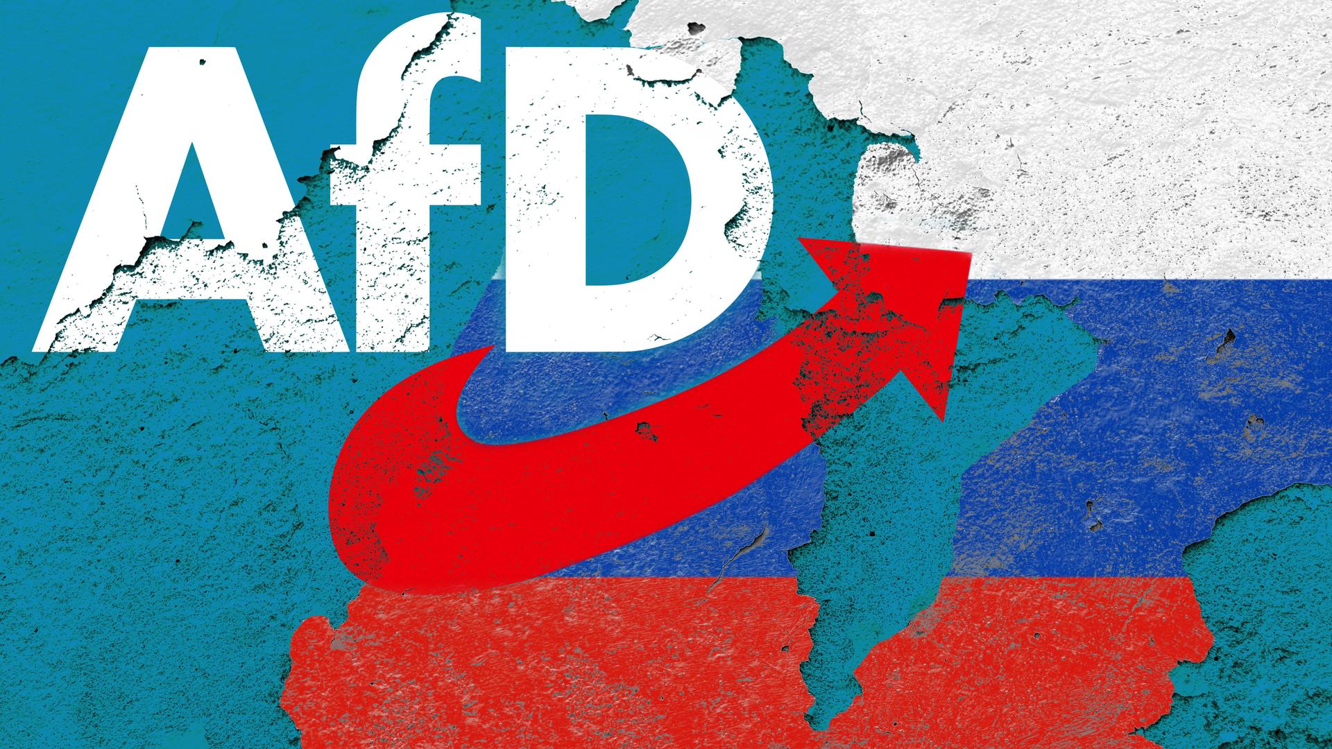 Das Parteilogo der AfD mit dem roten, nach rechts zeigenden Pfeil überlappt mit der weiß-blau-roten Fahne Russlands.