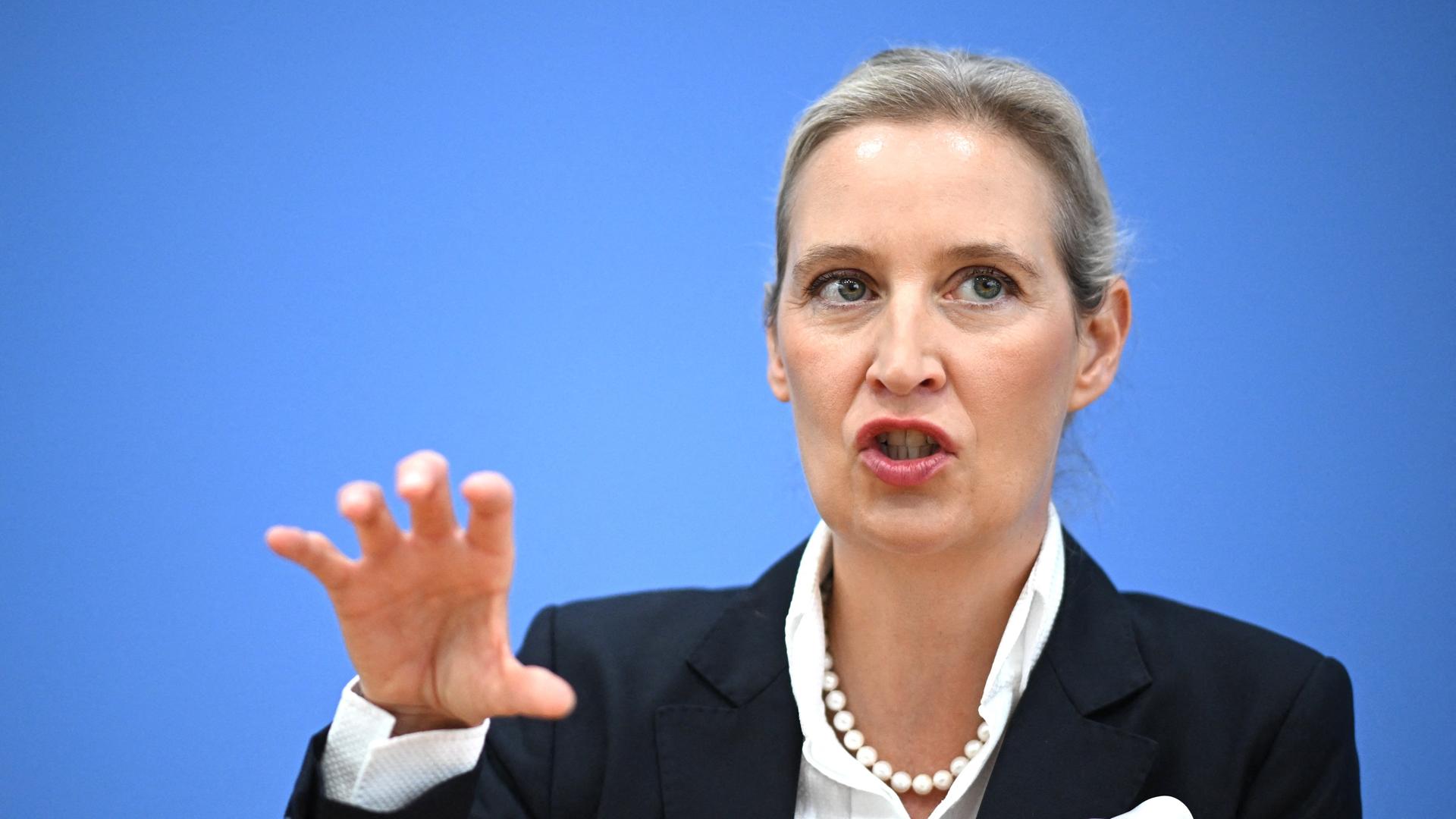 Die AfD-Vorsitzende Alice Weidel spricht in der Bundespressekonferenz. Die AfD-Vorsitzende Alice Weidel spricht in der Bundespressekonferenz.