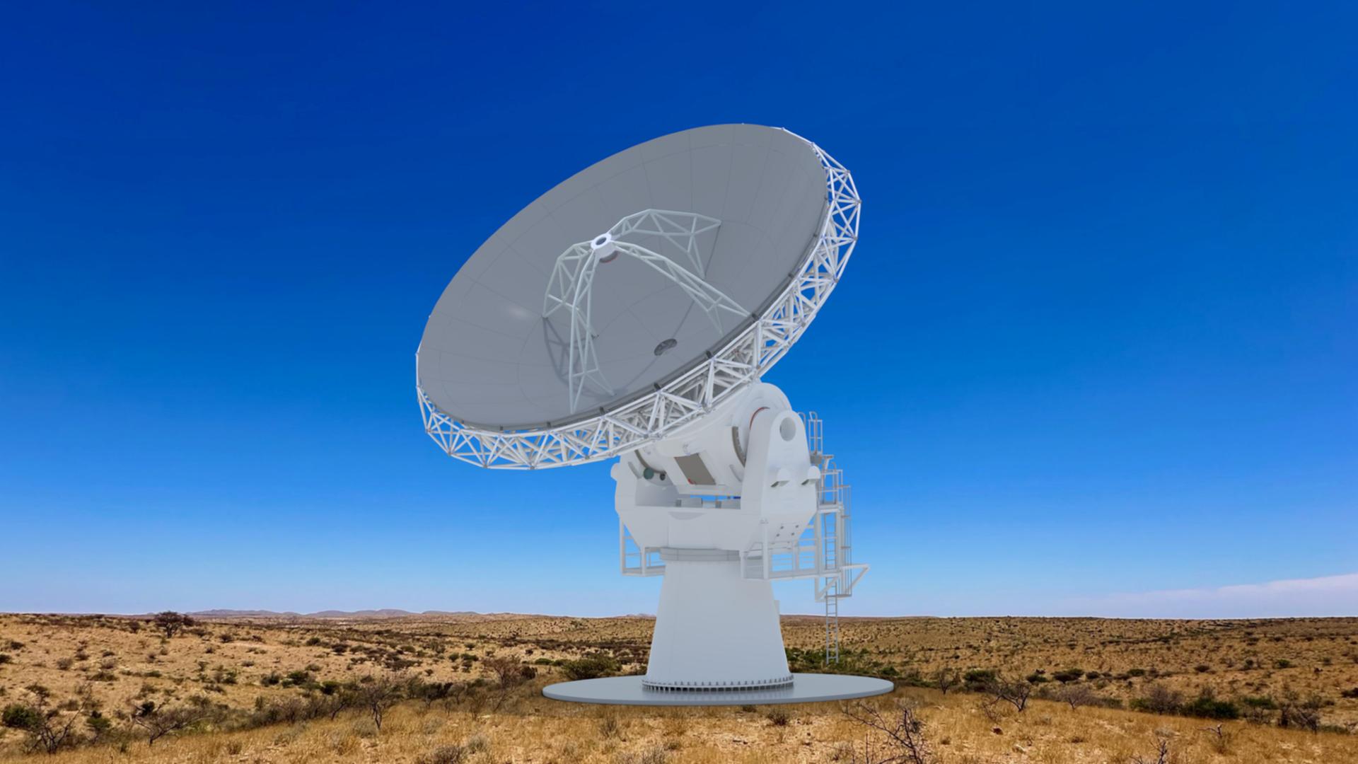 Die Illustration zeigt ein großes weißes Teleskop in einer kargen Landschaft. Die Illustration zeigt ein großes weißes Teleskop in einer kargen Landschaft.