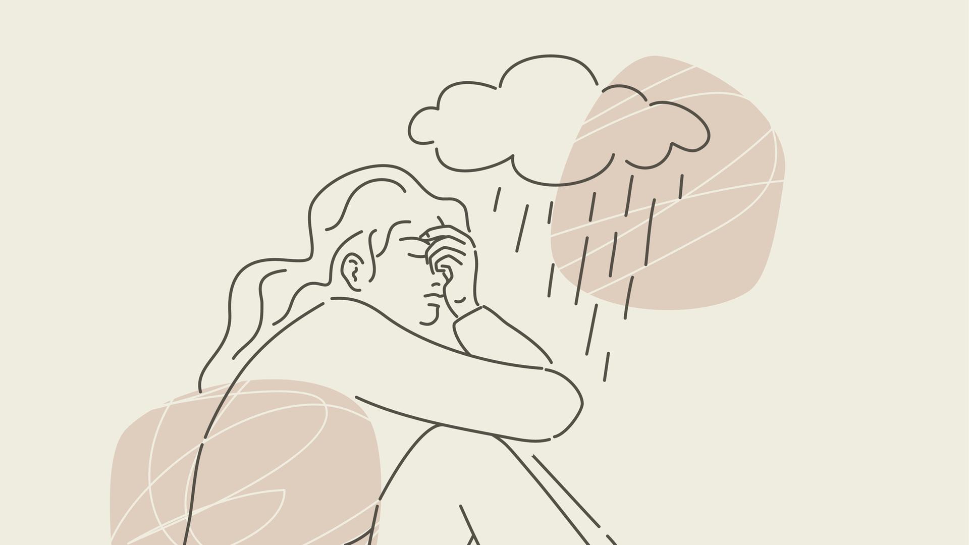 Die Illustration zeigt eine Person, die unter einer Regenwolke ein missmutiges und sorgenvolles Gesicht macht.