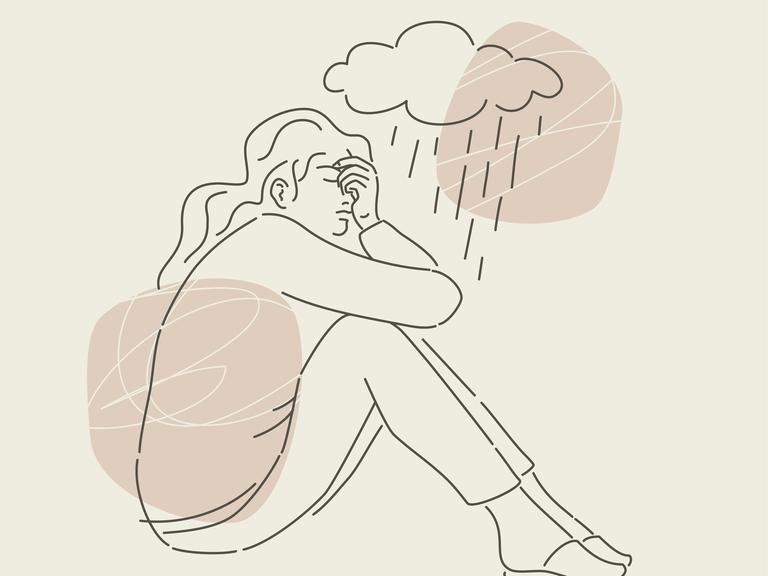 Die Illustration zeigt eine Person, die unter einer Regenwolke ein missmutiges und sorgenvolles Gesicht macht.
