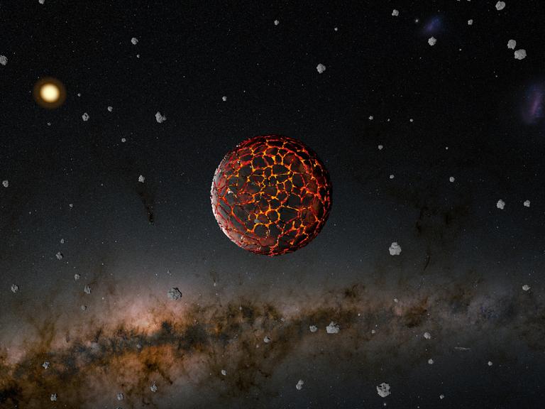 Eine Illustration eines Planeten, der einen glühenden Kern hat und eine sich formdende verkrustete Oberfläche. Dahinter Sterne und Weltall