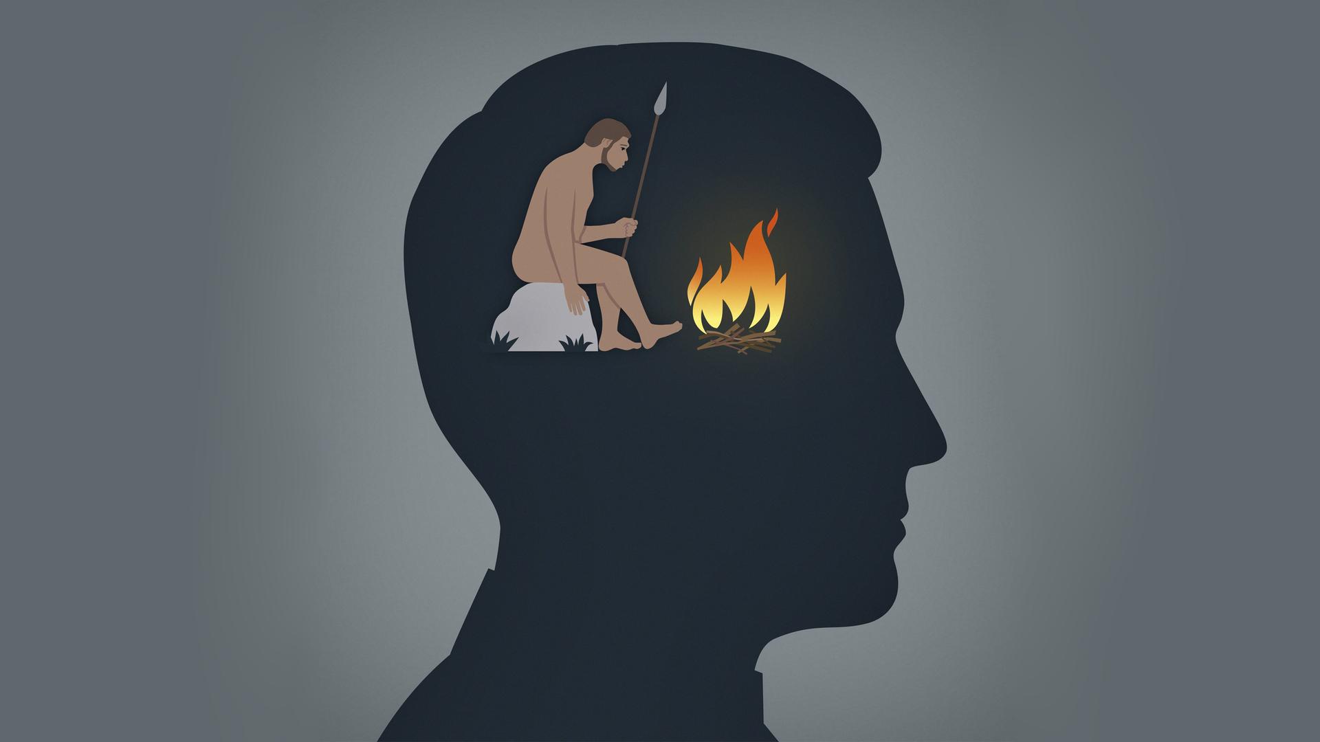 Illustration: Zu sehen ist das Kopfprofil eines modernen Mannes. In seinen Gedanken sitzt ein Höhlenmensch mit Speer in der Hand an einem Lagerfeuer.