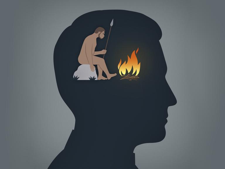 Illustration: Zu sehen ist das Kopfprofil eines modernen Mannes. In seinen Gedanken sitzt ein Höhlenmensch mit Speer in der Hand an einem Lagerfeuer.