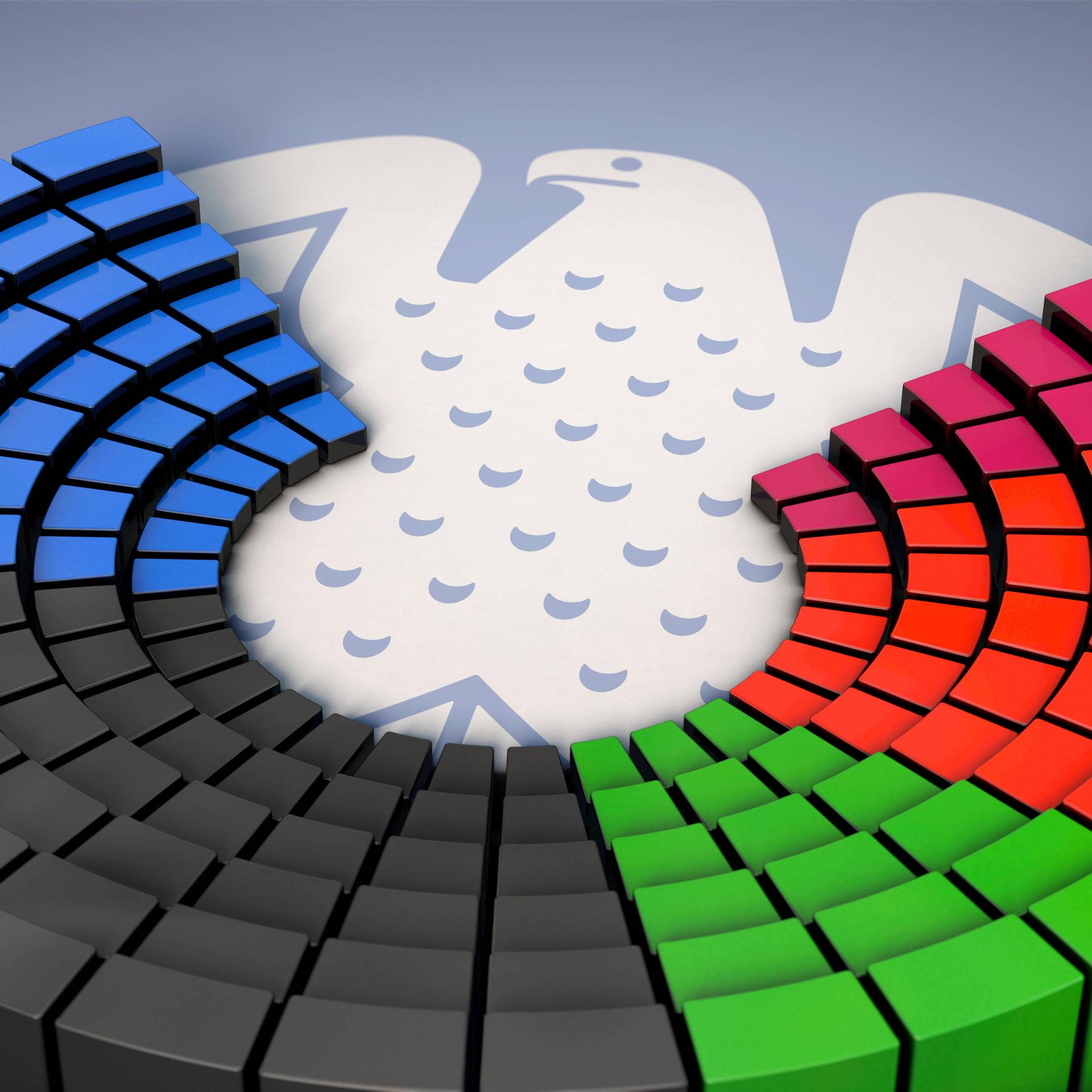 Zu sehen ist eine Grafik, die die Sitzverteilung im Bundestag nach der Bundestagswahl 2025 zeigt.
