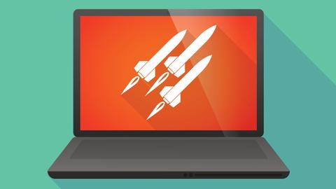 Illustration eines Laptop auf dessen Bildschirm Raketen zu sehen sind