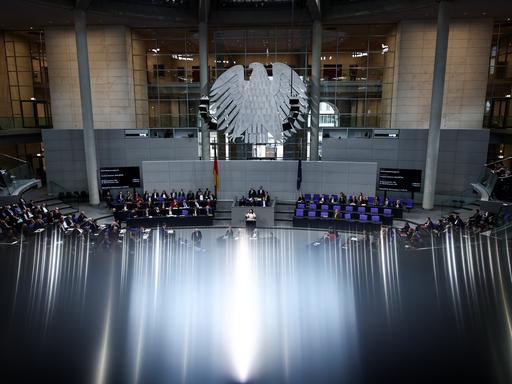 Das Bild zeigt einen weitwinkligen Blick in den Plenarsaal des Bundestags. Im Fokus steht der große Bundesadler. Darunter sind (klein) viele Abgeordnete zu sehen. 