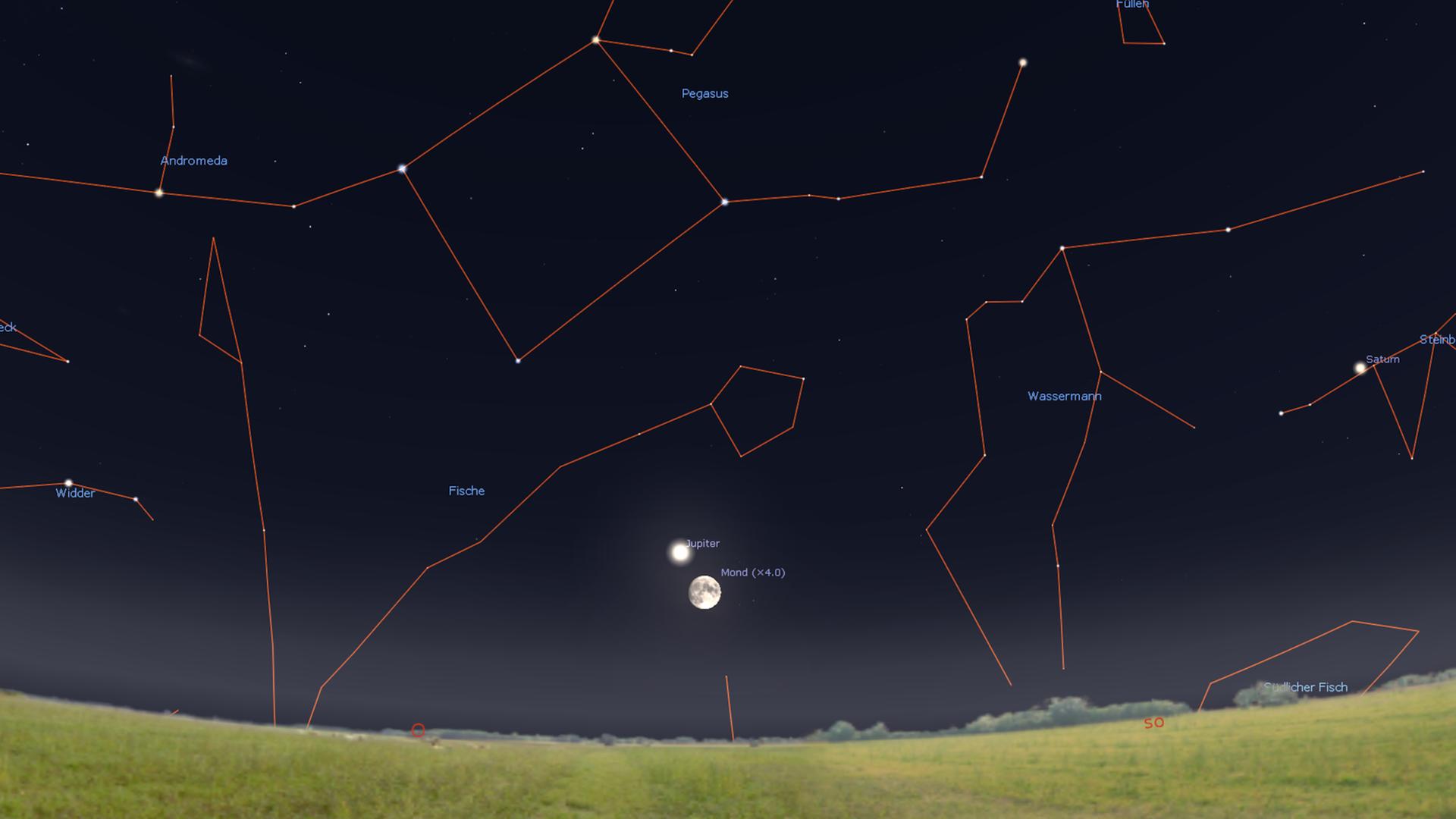 Mond und Jupiter kurz nach dem Aufgehen gegen 20 Uhr Mond und Jupiter kurz nach dem Aufgehen gegen 20 Uhr