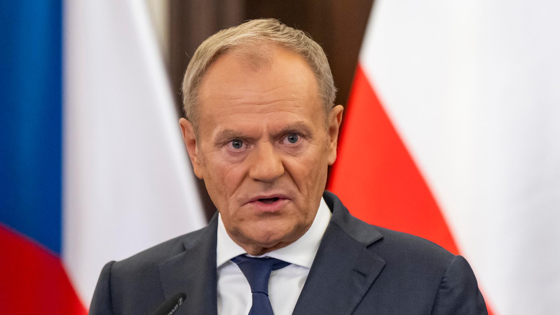 Polish Prime Minister Donald Tusk speaks at a final press conference of prime ministers during the Czech-Polish inter-governmental consultations in Prague, Czech Republic, on October 9, 2024. (CTK Photo/Ondrej Deml)