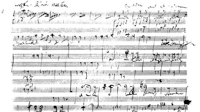Skizzen der Partitur von Ludwig van Beethovens Neunter Sinfonie in D-Moll, Opus 125, letzter Satz.