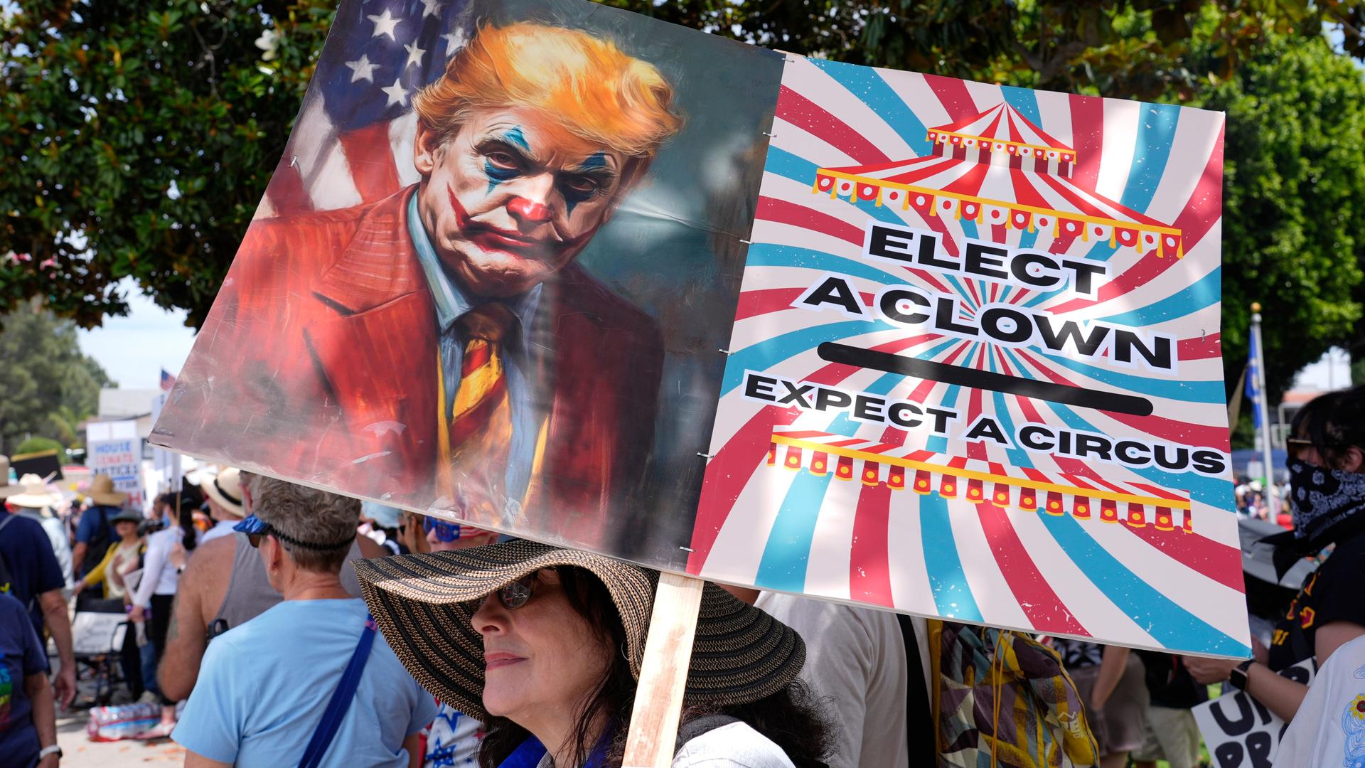 Eine Demonstrantin hält ein Schild mit der Aufschrift "Elect A Clown - Expect A Circus", auf Deutsch etwa "Wähle einen Clown, und Du bekommst einen Zirkus". Eine Demonstrantin hält ein Schild mit der Aufschrift "Elect A Clown - Expect A Circus", auf Deutsch etwa "Wähle einen Clown, und Du bekommst einen Zirkus".