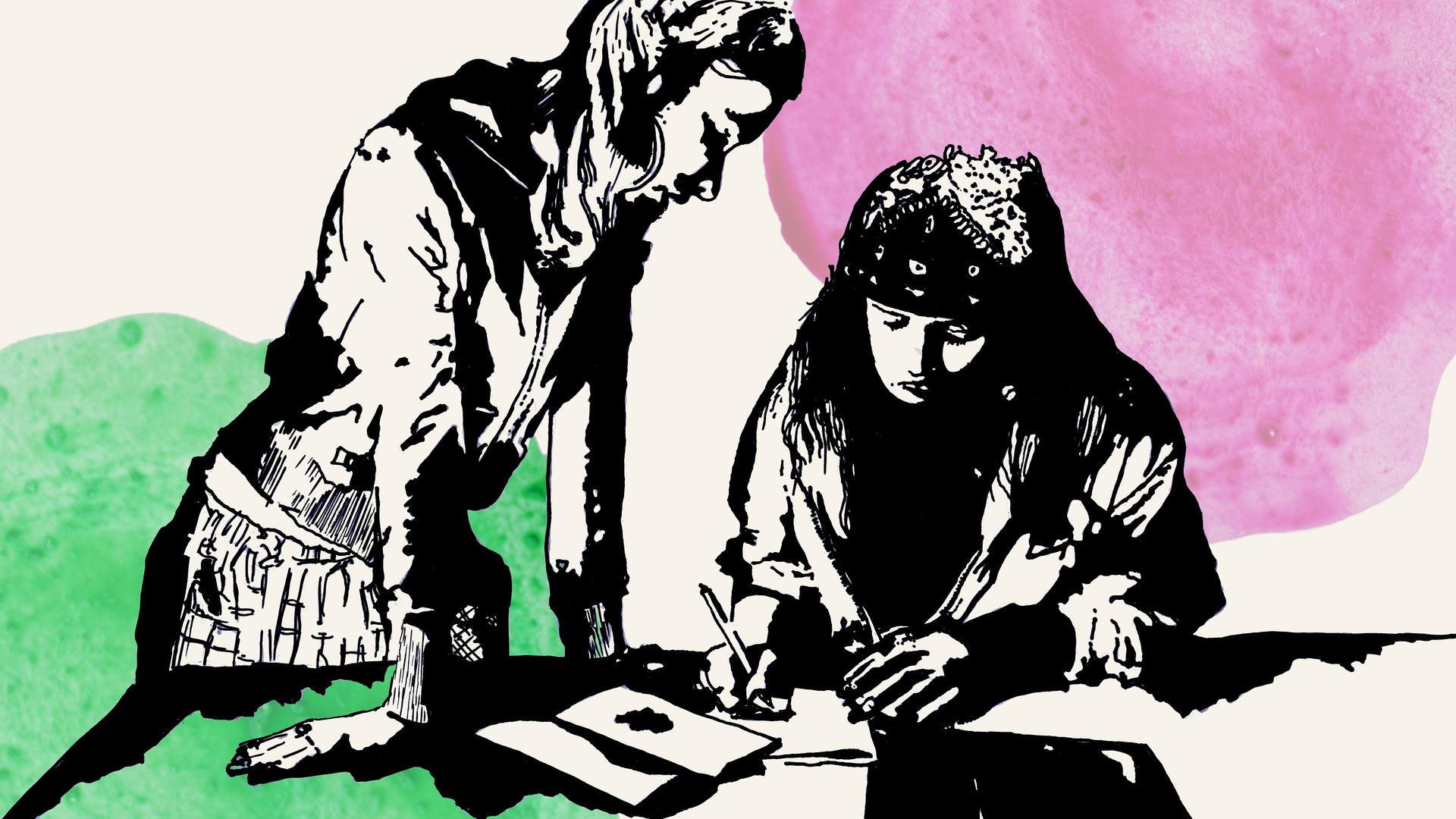 Illustration von zwei lernenden Schülerinnen