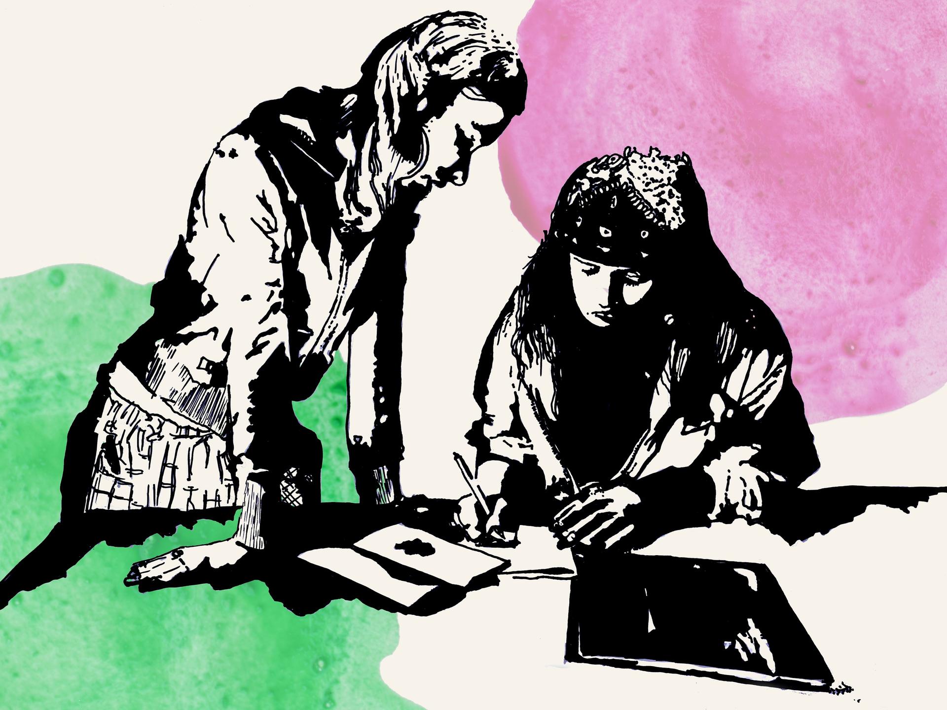 Illustration von zwei lernenden Schülerinnen