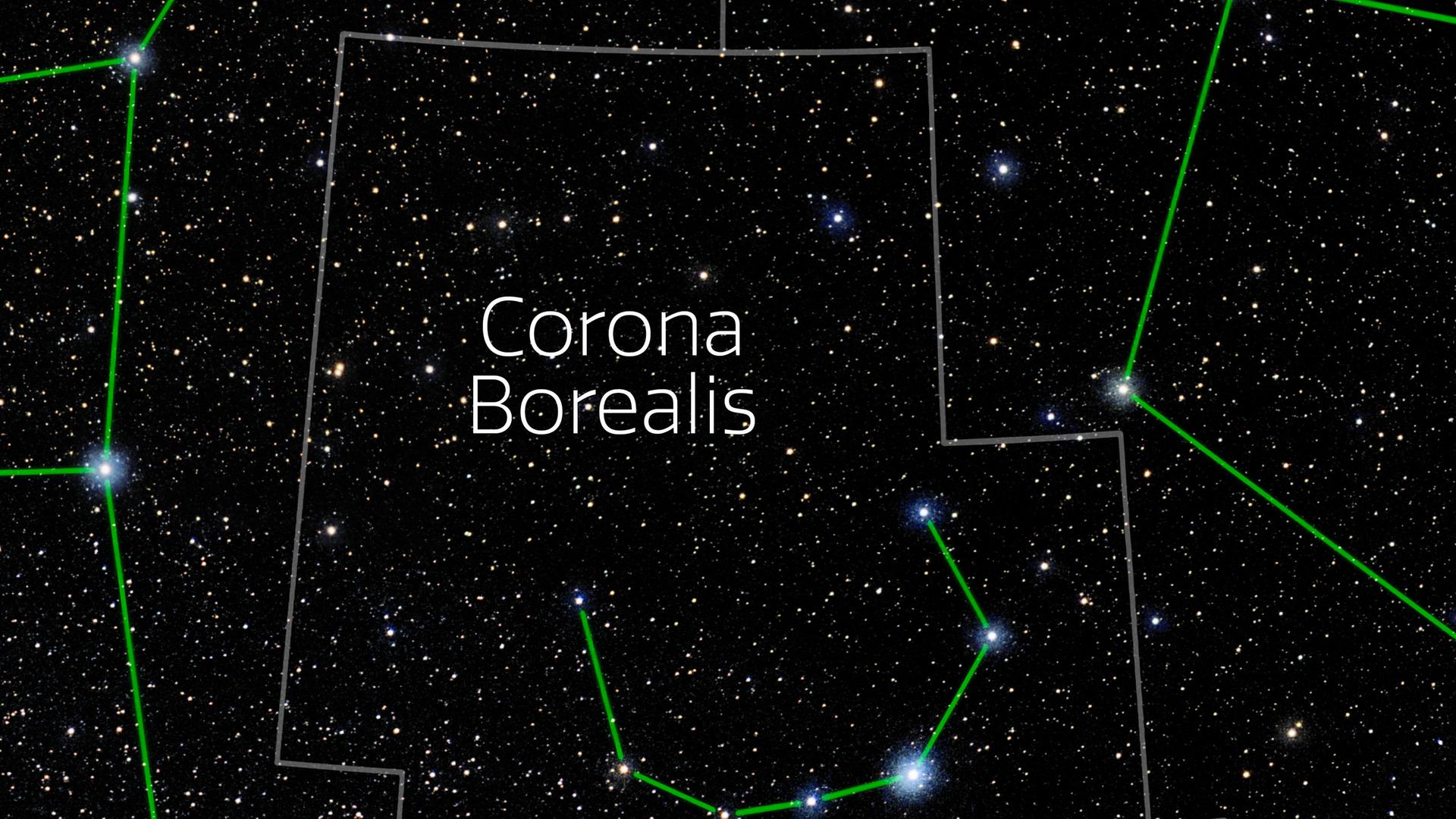 Ein dichtes Sternenfeld, in dem das Sternbild Corona Borealis (Nördliche Krone) durch grüne Linien markiert und namentlich beschriftet ist