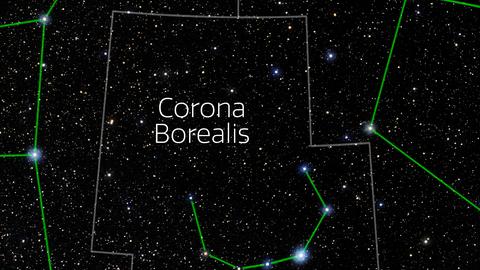 Ein dichtes Sternenfeld, in dem das Sternbild Corona Borealis (Nördliche Krone) durch grüne Linien markiert und namentlich beschriftet ist