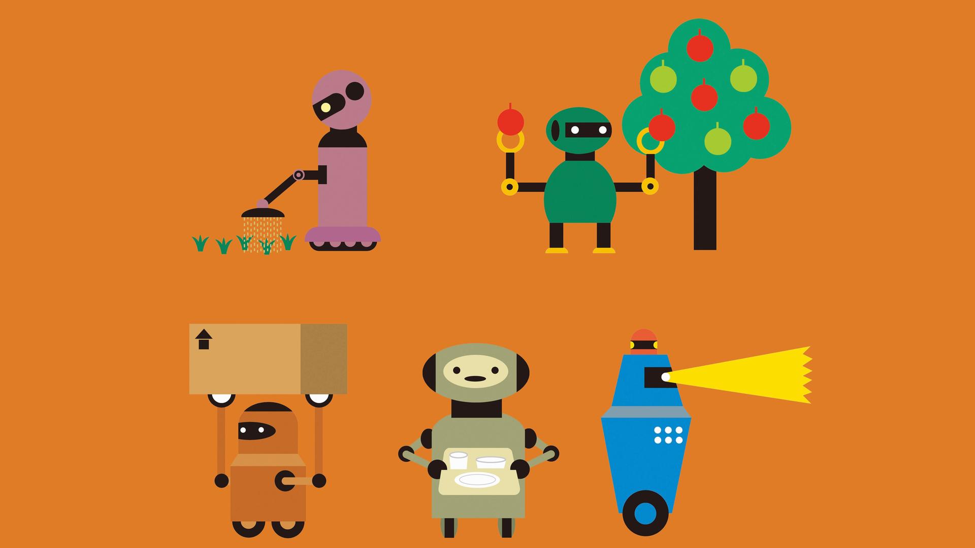 Die Illustration zeigt künstliche Intelligenz (KI) in Form von niedlichen Robotern bei der Verrichtung alltäglicher Arbeit. 