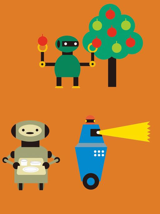 Die Illustration zeigt künstliche Intelligenz (KI) in Form von niedlichen Robotern bei der Verrichtung alltäglicher Arbeit. 