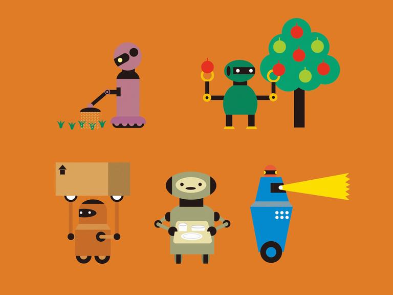 Die Illustration zeigt künstliche Intelligenz (KI) in Form von niedlichen Robotern bei der Verrichtung alltäglicher Arbeit. 