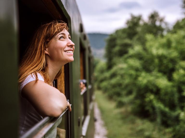 Eine Frau fährt während des Bahnfahrens aus dem Fenster. Der Zug fährt durch eine grüne Landschaft