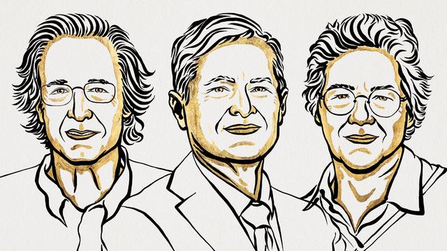 Eine Illustration zeigt die Nobelpreisträger Pierre Agostini, Ferenc Krausz und Anne L'Huillier.