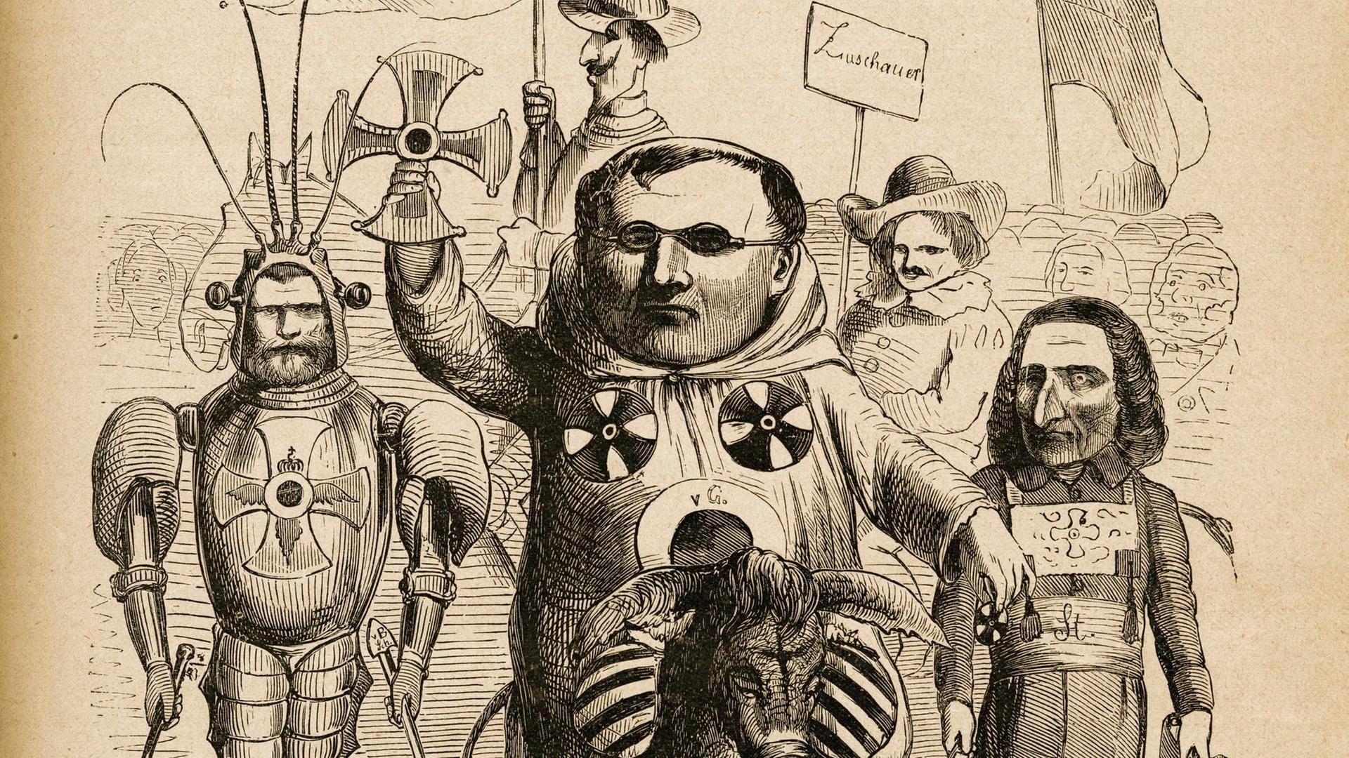Ein Holzstich zeigt die Karikatur eines Mannes, der ein Eisernes Kreuz empor streckt vor einer Reihe  von Kreuzrittern.