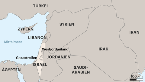 Die Karte zeigt Israel mit Gazastreifen und Westjordanland und den Nachbarländern Ägypten, Saudi-Arabien, Syrien, Libanon, Jordanien.