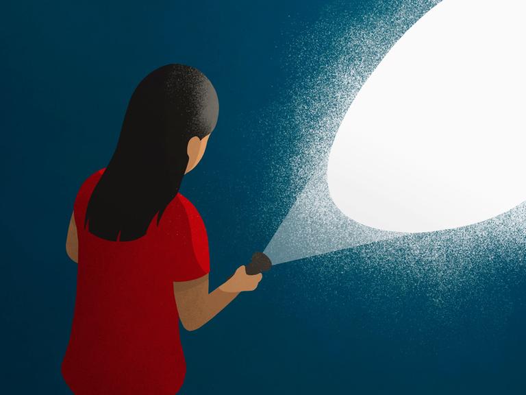 Illustration eines Kindes, was sich mit einer Taschenlampe den Weg aus dem Dunkel bahnt