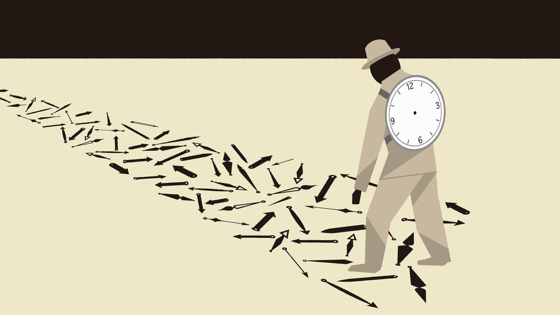 Eine Illustration zeigt einen Mann, der dem Weg einzelner Uhrzeiger folgt und ein zerbrochenes Ziffernblatt auf dem Rücken trägt.
