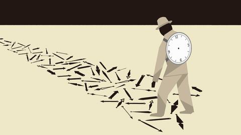 Eine Illustration zeigt einen Mann, der dem Weg einzelner Uhrzeiger folgt und ein zerbrochenes Ziffernblatt auf dem Rücken trägt.
