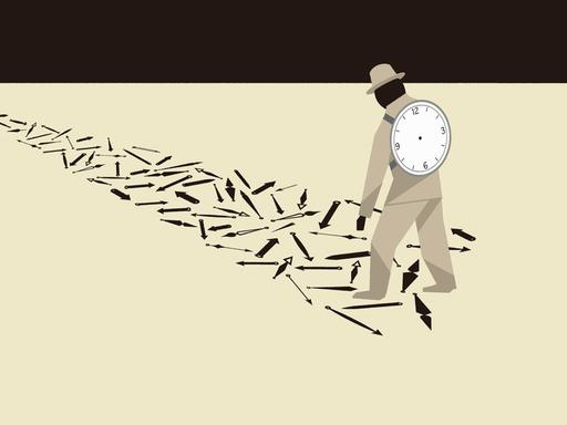 Eine Illustration zeigt einen Mann, der dem Weg einzelner Uhrzeiger folgt und ein zerbrochenes Ziffernblatt auf dem Rücken trägt.
